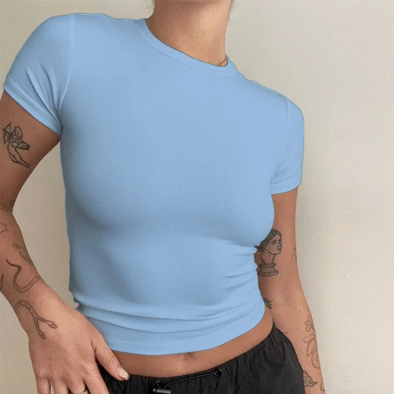 T-shirt Femme Manches Courtes – Slim Fit Col Rond Tricoté Style Y2K 2024